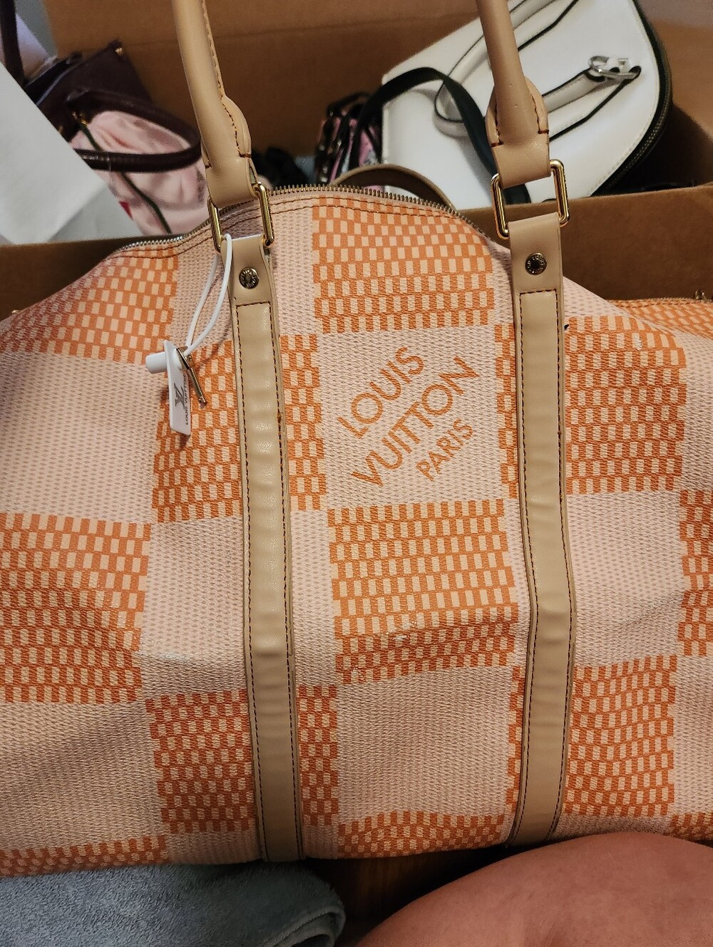 Designer-Inspired Orange Check Canvas Tote Bag with Cream Trim Louis - Picture 4 of 6